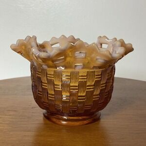 Fenton Amber Basket weave Ruffle Top Candy Dish Bowl